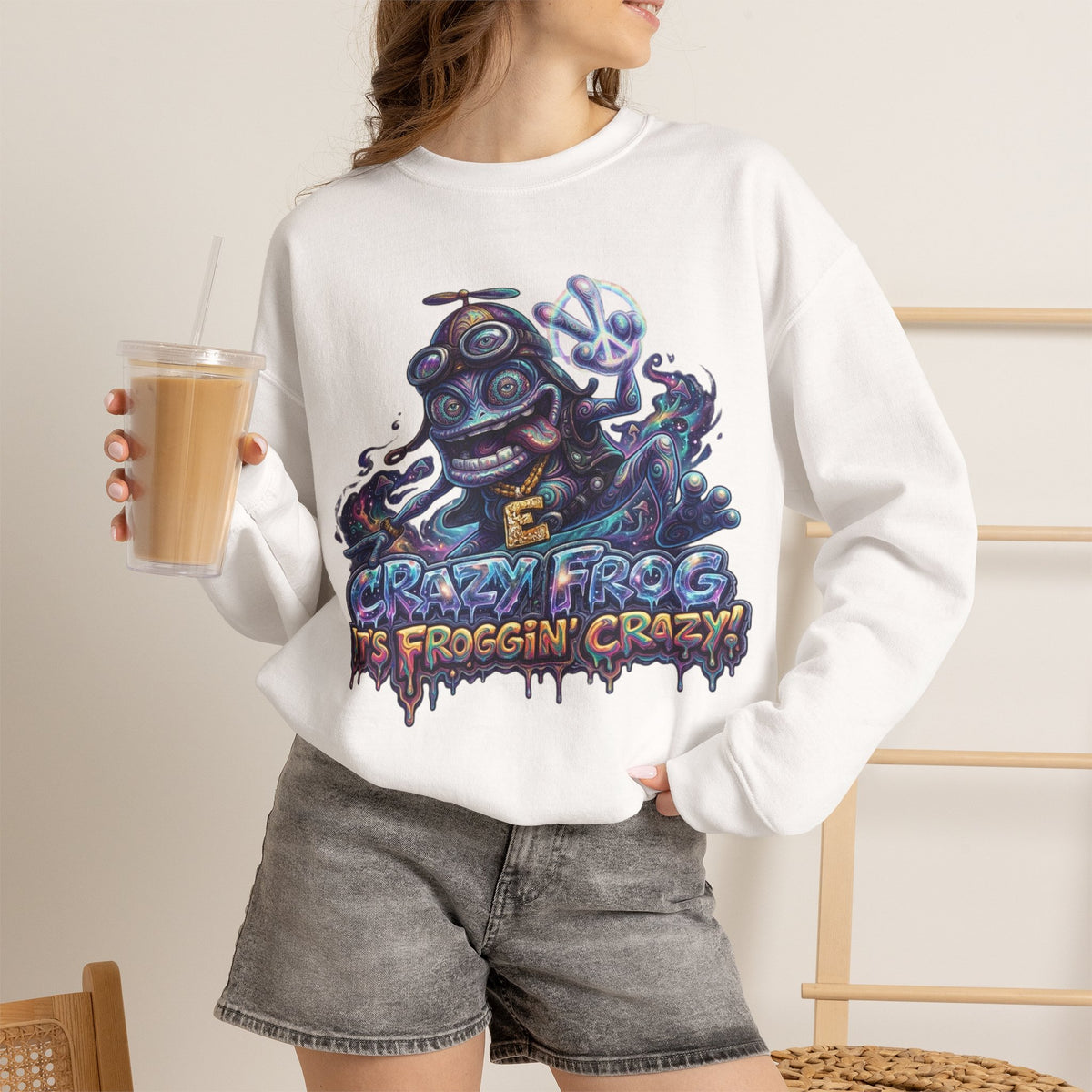 Vert Crazy Frog Psychedelic Vintage Style Unisex Graphic Crewneck Sweatshirt