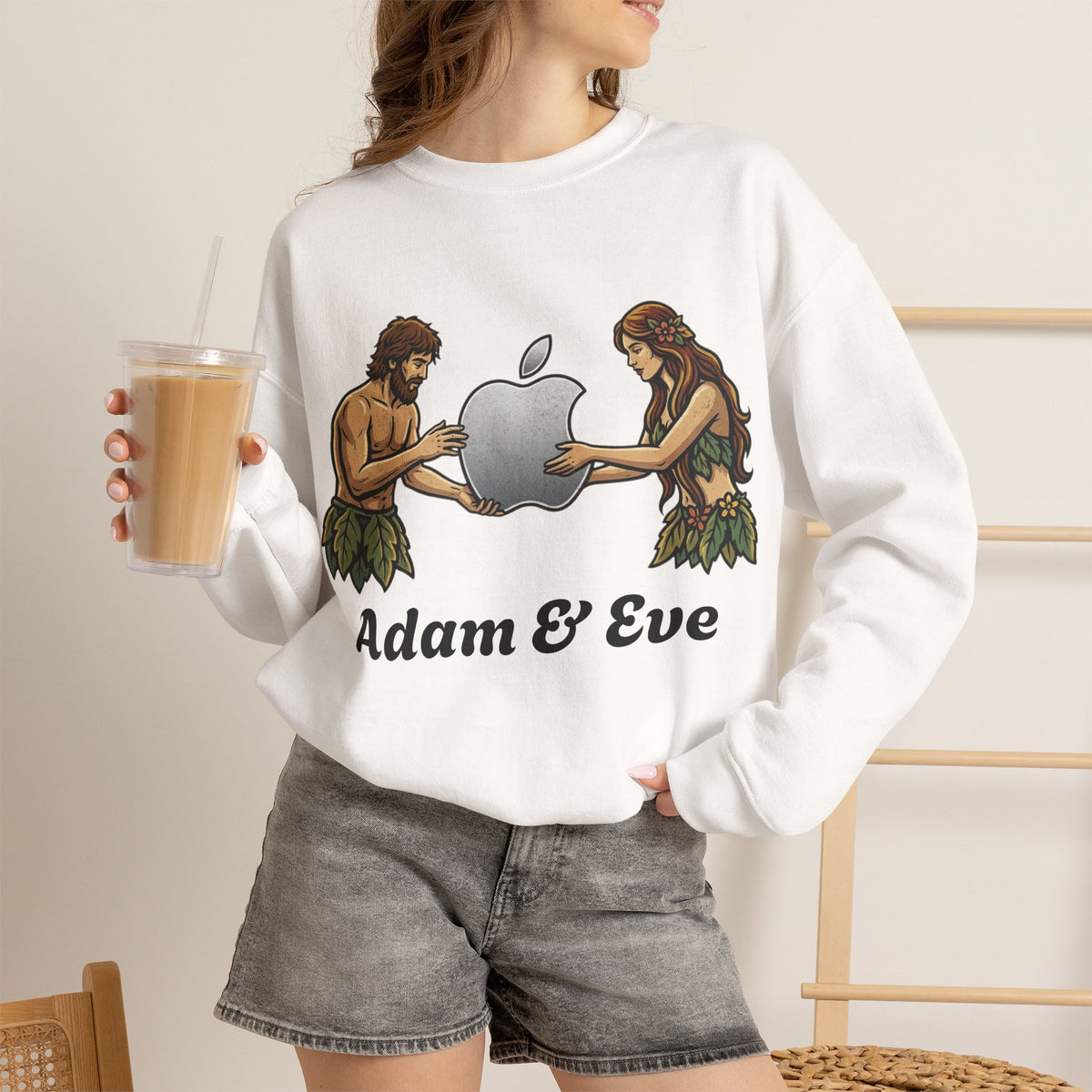 Vert Apple Adam & Eve Parody Vintage Style Unisex Graphic Crewneck Sweatshirt
