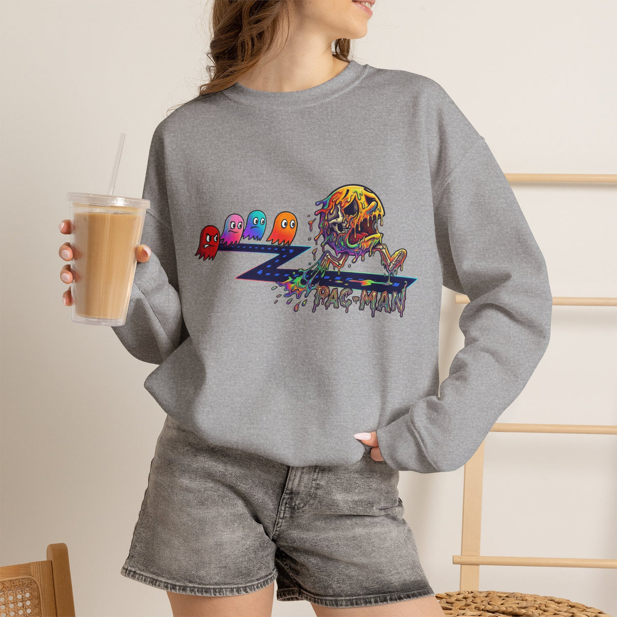 Vert Pac-Man Psychedelic Vintage Style Unisex Graphic Crewneck Sweatshirt