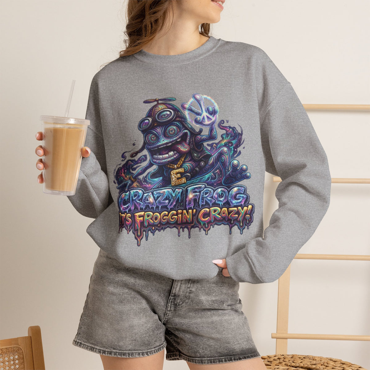 Vert Crazy Frog Psychedelic Vintage Style Unisex Graphic Crewneck Sweatshirt