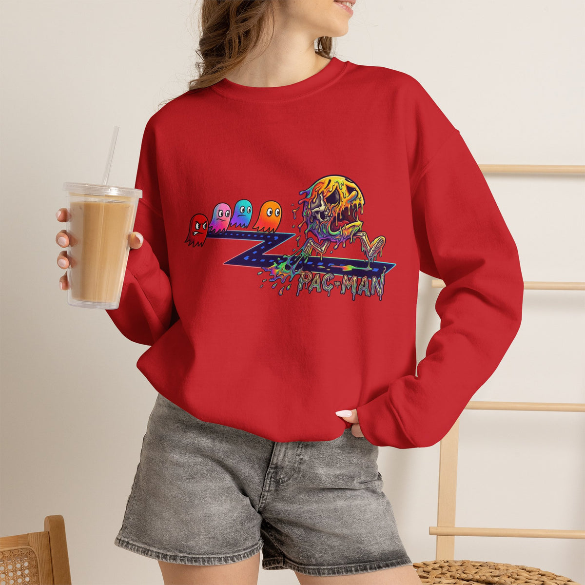Vert Pac-Man Psychedelic Vintage Style Unisex Graphic Crewneck Sweatshirt