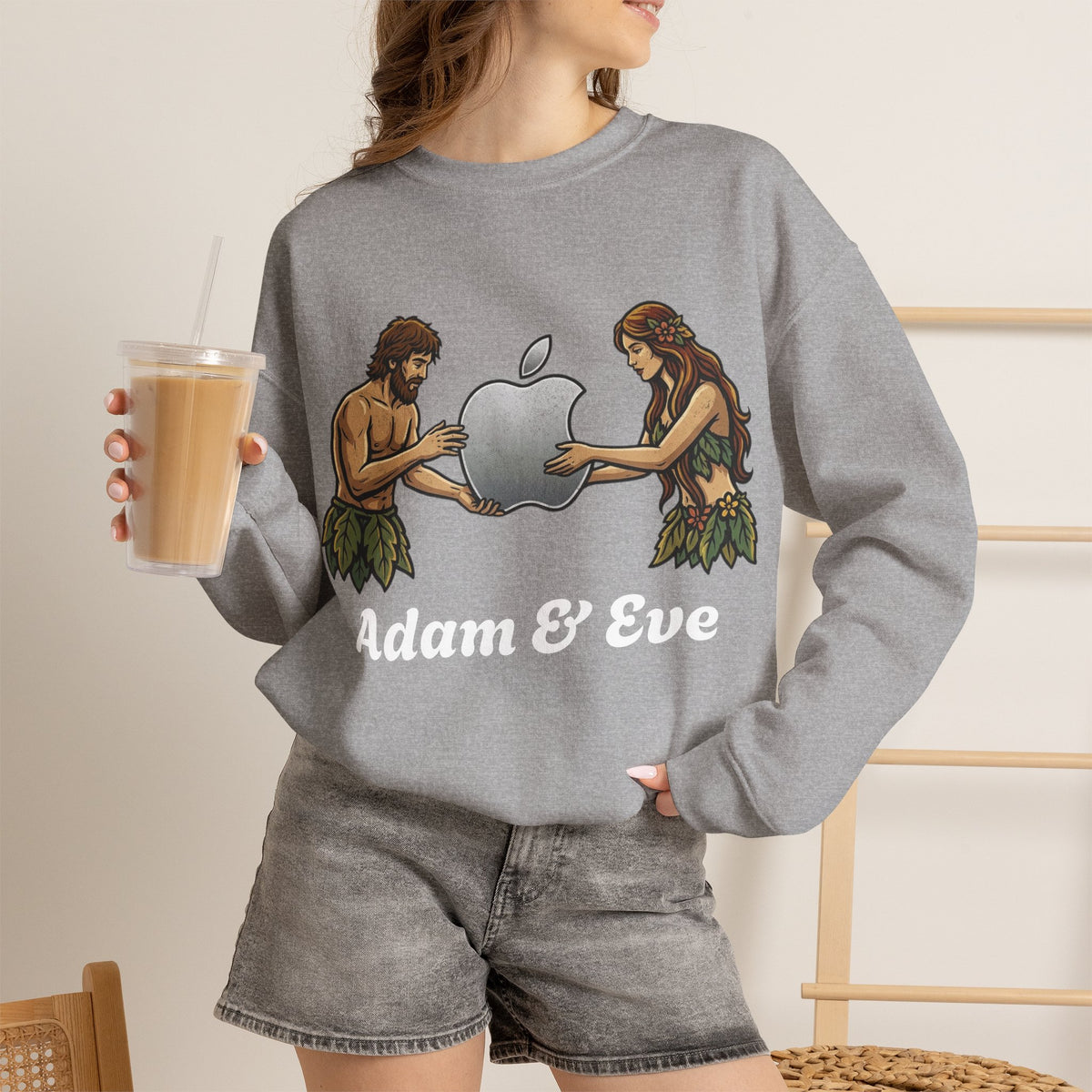 Vert Apple Adam & Eve Parody Vintage Style Unisex Graphic Crewneck Sweatshirt