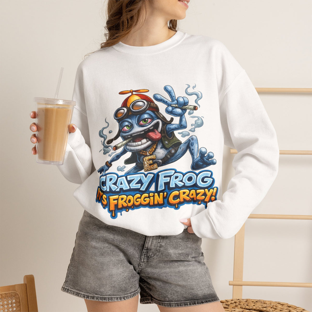Vert Crazy Frog Smoker Vintage Style Unisex Graphic Crewneck Sweatshirt
