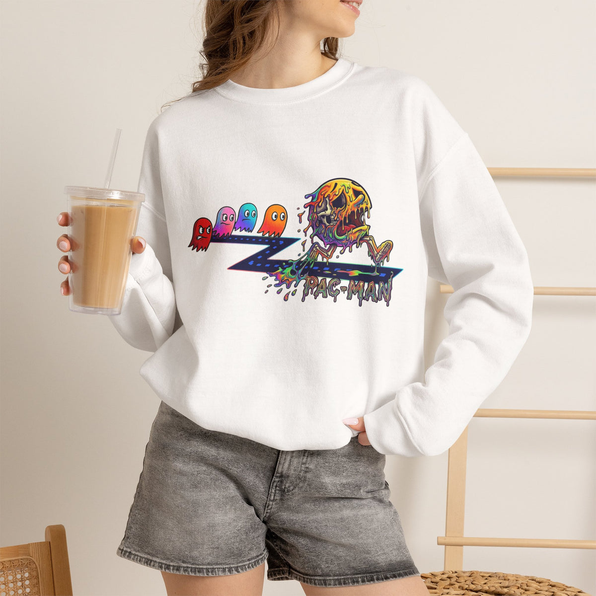 Vert Pac-Man Psychedelic Vintage Style Unisex Graphic Crewneck Sweatshirt