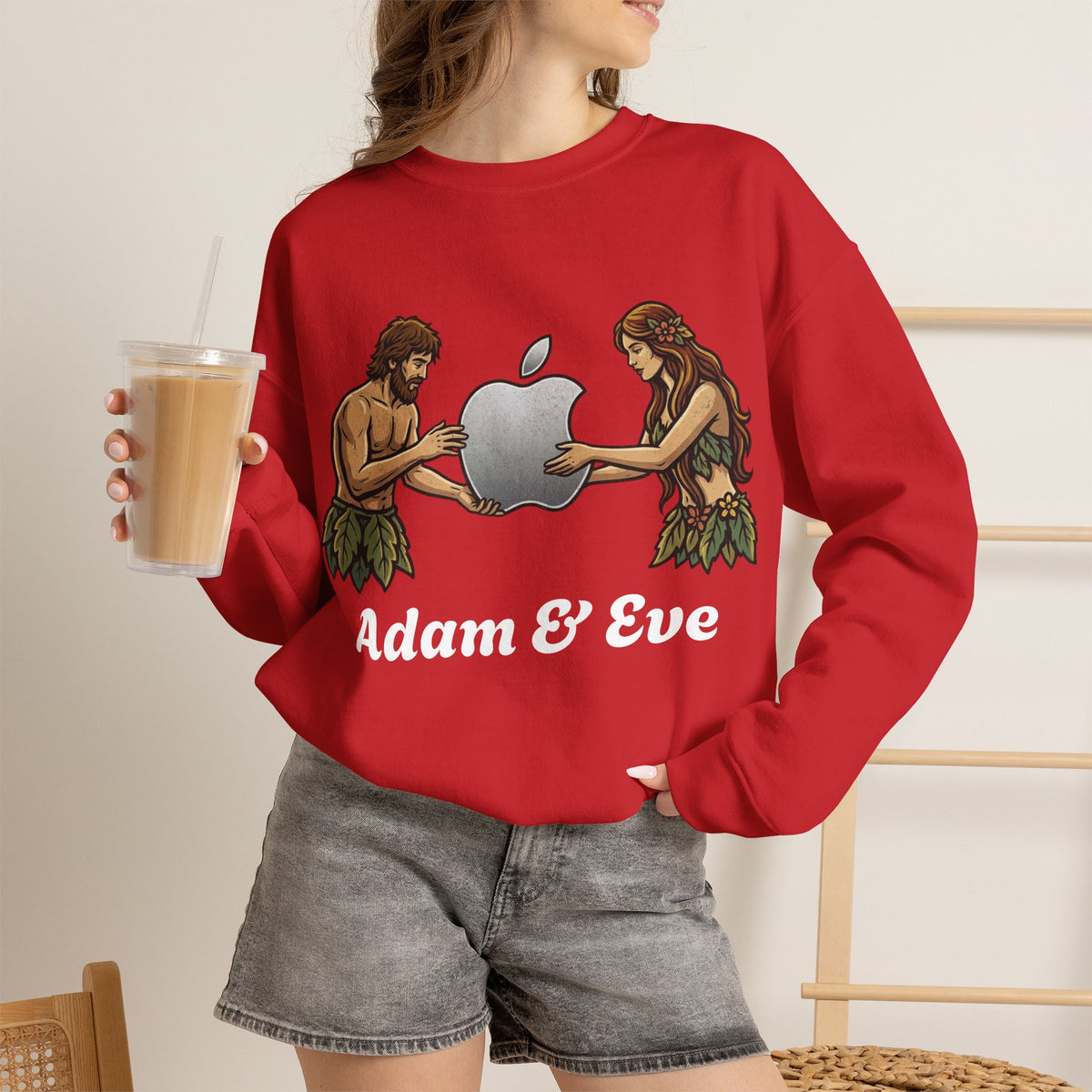Vert Apple Adam & Eve Parody Vintage Style Unisex Graphic Crewneck Sweatshirt